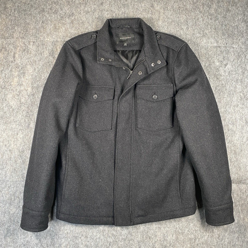 Banana Republic Miltary Jacket Men's Medium Gray Wool Full Zip Coat Epaulets‎